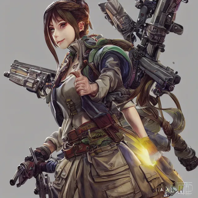 Image similar to the portrait of lawful neutral semi - colorful female infantry gunner as absurdly beautiful, gorgeous, elegant, young anime girl, an ultrafine hyperdetailed illustration by kim jung gi, irakli nadar, intricate linework, bright colors, octopath traveler, final fantasy, unreal engine 5 highly rendered, global illumination, radiant light, detailed and intricate environment