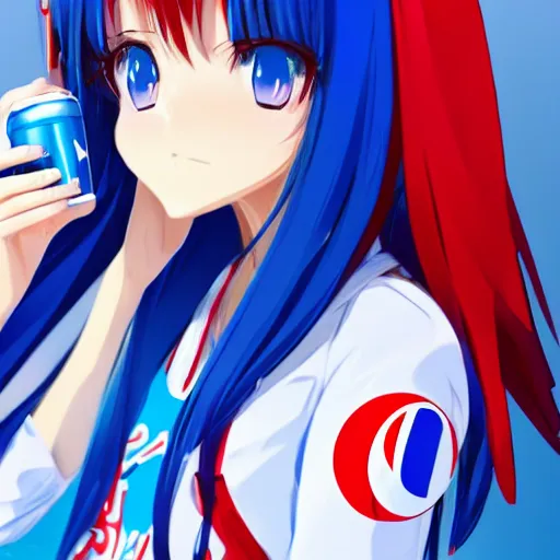 Image similar to very beautiful girl with blue hair holding a pepsi can, she is wearing a blue and red jacket, red background, anime style, pixiv, trending on artstation, anime key visual, 4k, light novel cover, official media