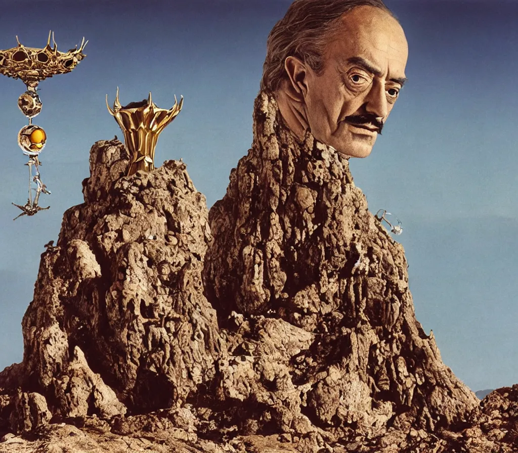 Image similar to portrait of salvador dali wearing a crown and costume with jewels in a dry rocky desert landscape, visible sky and sunny atmosphere, alien spaceship by giger, film still from the movie by alejandro jodorowsky with cinematogrophy of christopher doyle and art direction by hans giger, anamorphic lens, kodakchrome, very detailed photo, 8 k