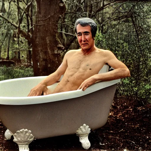 Image similar to autochrome photograph of Randy Mantooth sitting in a bathtub filled with mud under a tree