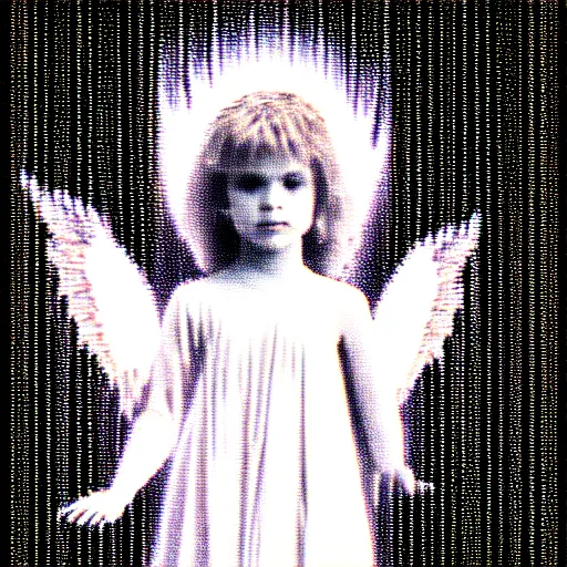 Image similar to vhs static overlay of angel apparition, vhs, 1 9 9 0, beautiful, highly realistic, highly detailed, vhs noise static, black and white, vhs glitch