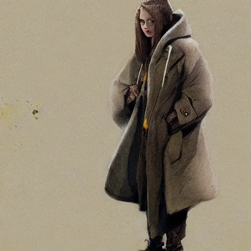 Image similar to a highly detailed epic cinematic concept art CG render digital painting artwork costume design: Sadie Sink, pixie shaved cut, side, in a used 1950s man's coat and hoodie. muted grey colors with tiny yellow accents. By Greg Rutkowski, Ilya Kuvshinov, WLOP, Stanley Artgerm Lau, Ruan Jia and Fenghua Zhong, trending on ArtStation, made in Maya, Blender and Photoshop, octane render, excellent composition, cinematic atmosphere, dynamic dramatic cinematic lighting, aesthetic, very inspirational, arthouse
