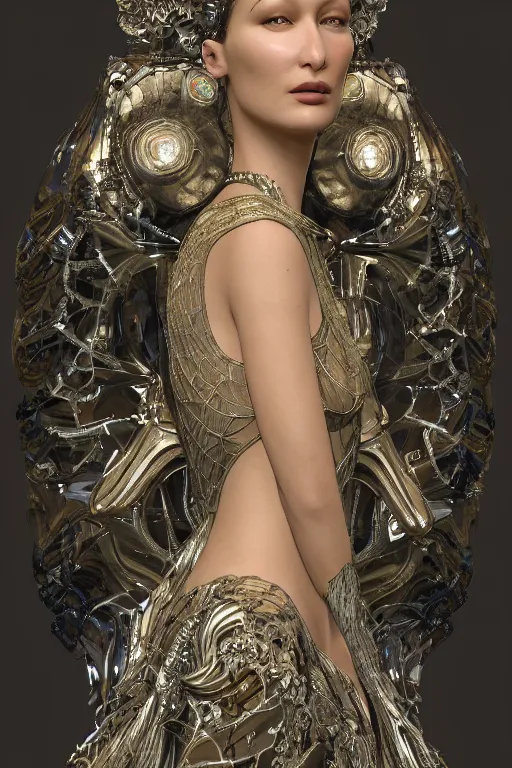 Image similar to a highly detailed medium shot 8 k render portrait of an alien goddess bella hadid in iris van herpen dress schiaparelli armor in diamonds and lots of jewelry in style of alphonse mucha trending on artstation made in unreal engine 4