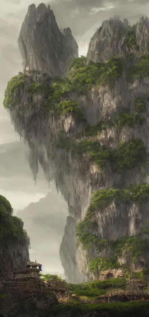 Prompt: wooden fortress on a tropical island with ruff shore cliffs, skull Island, kingkong,landscape, raphael lacoste, eddie mendoza, alex ross, john howe, concept art, matte painting, highly detailed, rule of thirds, dynamic lighting, cinematic, detailed, denoised, centerd, clean render