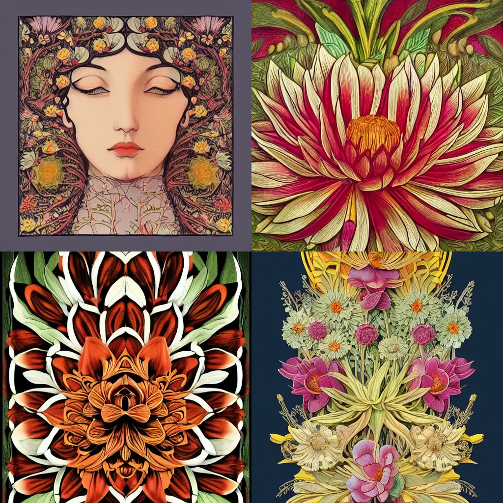 Prompt: flower, flower, flower in the style of Frank Lloyd Wright and Sandro Botticelli, intricate detail, trending on artstation