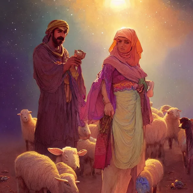 Prompt: bedouin father and bedouin mother and muslim child with sheeps around and they are surrounded by nebula, highly detailed, gold filigree, romantic storybook fantasy, soft cinematic lighting, award, disney concept art watercolor illustration by mandy jurgens and alphonse mucha and alena aenami, pastel color palette, featured on artstation