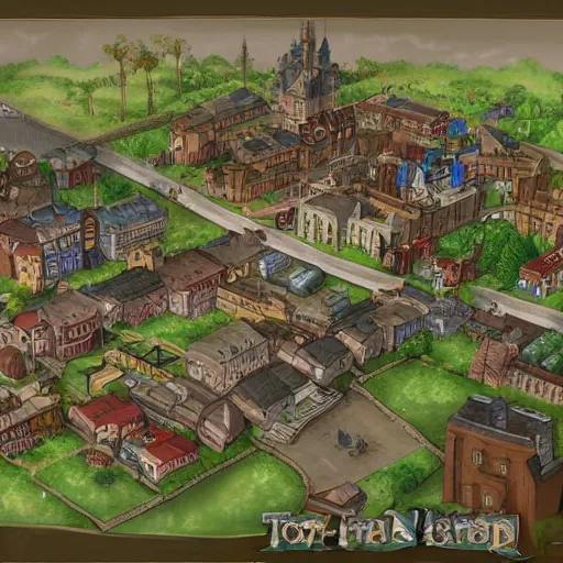 Image similar to a town map with town hall and playground, artstation, concept art