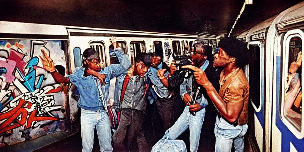 Image similar to new york subway cabin 1 9 8 0 s inside all in graffiti, black guy threatens another black guy with a gun, coloured film photography, christopher morris photography, bruce davidson photography