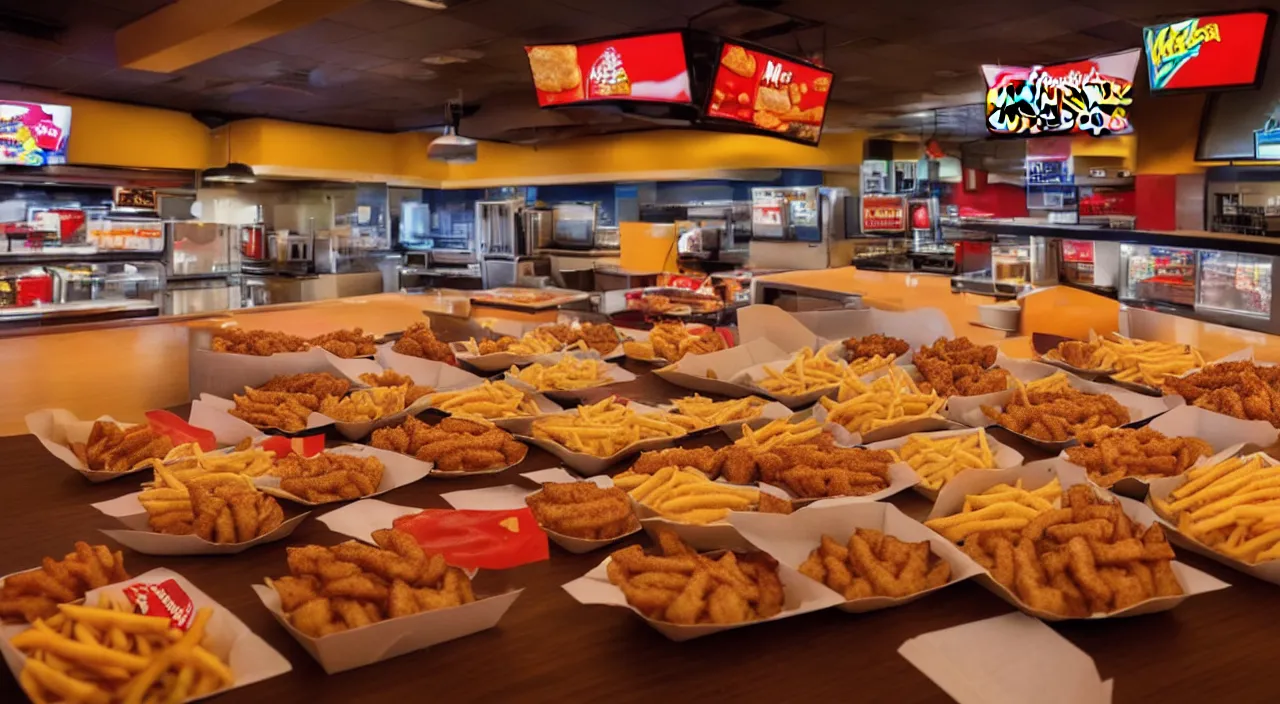 Prompt: high quality photo of mounds of fast food arranged in the shape of the US map cinematic lighting 8k wide angle shallow depth of field