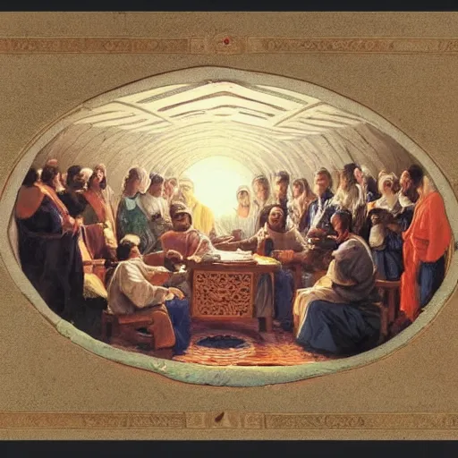 Prompt: A beautiful painting of a group of people standing around a circular table. In the center of the table is a large, open book. The people in the painting are looking at the book with interest and appear to be discussing its contents. khatam inlay, Assyrian by Albert Bierstadt, by John Cassaday, by Jamie McKelvie stunning, wormhole