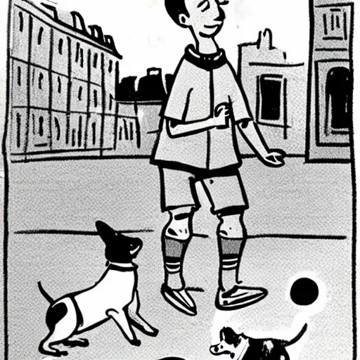 Image similar to illustration of french boy on the streets of paris playing football against a corgi, the dog is wearing a polka dot scarf, comic, 1 9 6 6