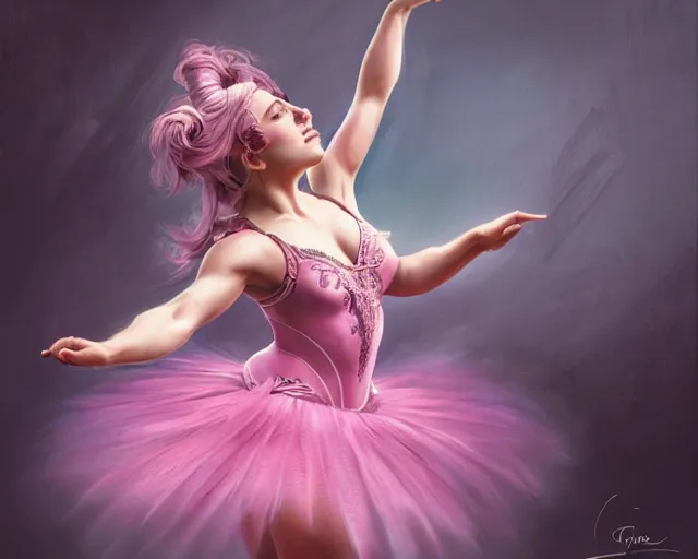 Image similar to photography of jack black dancing in a pink ballerina outfit, full body shot, deep focus, d & d and mtg, fantasy, intricate, elegant, highly detailed, digital painting, artstation, concept art, matte, sharp focus, illustration, hearthstone, art by artgerm and greg rutkowski and alphonse mucha