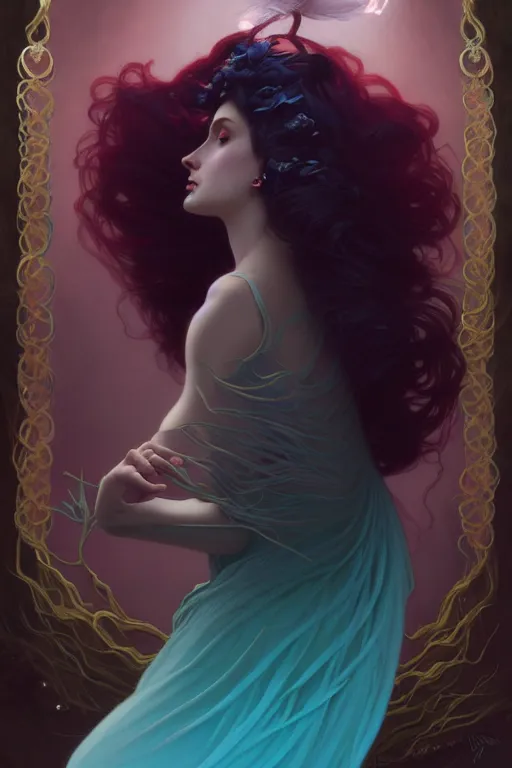 Image similar to ombre velvet gown, beautiful elegant dryad, feathers, beautiful face by leyendecker, long hair, cyan, dozens of jeweled necklaces, by greg rutkowski, brom, anato finnstark, alphonse mucha, oil painting, highly detailed, cinematic lighting, unreal,