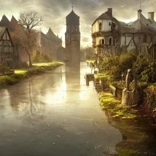 Prompt: a downtrodden medieval town by a river in a swamp surrounded by a magical transparent barrier, 4k, by Greg Rutkowski, fantasy, mix of celtic and Rus architecture, cinematic