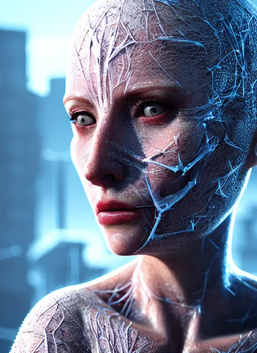 Image similar to 3 / 4 portrait, queen emma with transparent skin, visible muscle and bones and veins and nerves, hyperrealism, detailed textures, photorealistic 3 d cyberpunk apocalyptic city, futuristic clothing and helmet, ultra realistic, cinematic, intricate, cinematic light, unreal engine 8 k, octane render, unreal engine by david kostic and stanley lau and artgerm