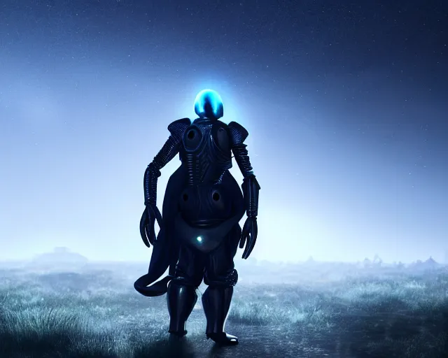 Image similar to an alien with glowing smoky eyes wearing a long flowing cloth shirt over stylish large golden plate armor walking to a tall alien city!! in the background, night sky with stars, light fog, beautiful colors, cg render, highly detailed, trending on artstation