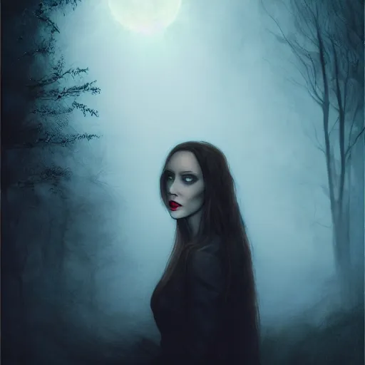 Image similar to riveting charismatic brunnette female vampire, portrait, atmospheric lighting, painted, intricate, highgate cemetery, fog, cold, volumetric lighting, beautiful, blue moon light, sharp focus, deep colours, ultra detailed, by leesha hannigan, ross tran, thierry doizon, kai carpenter, ignacio fernandez rios