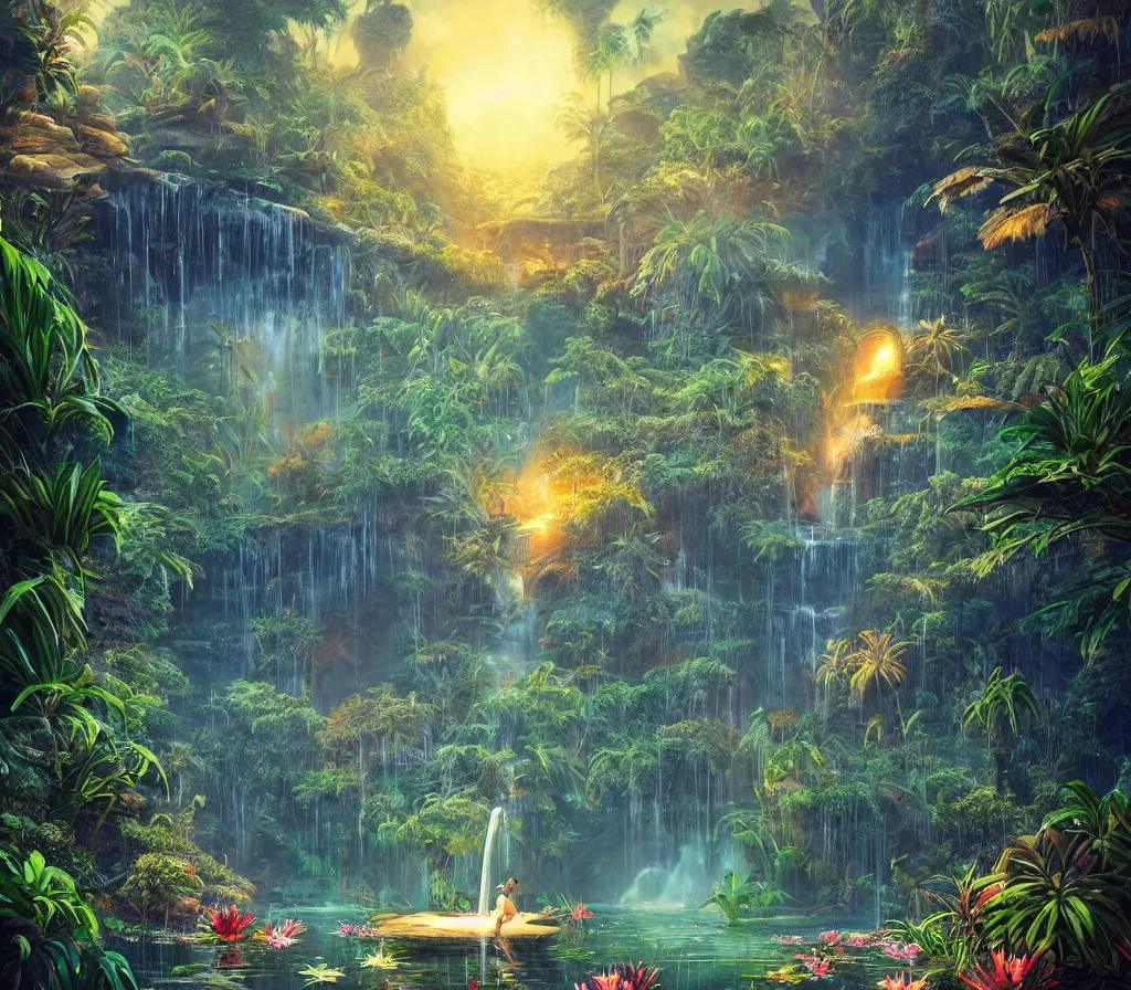 Prompt: detailed fantastic giant lily in a tropical pond by artstation bruce pennington, bas - relief, dark night, neon lights, reflections ray, tracingstar trails, dramatic light, fluffy clouds, digital painting, igh detailed, 8 k render, perfect shape, hyperrealistic