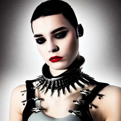 Image similar to a digital artwork of futuristic woman wearing technological large steel spiked collar, steel choker on neck, cyberpunk ,4K, portrait, punk hairstyle,