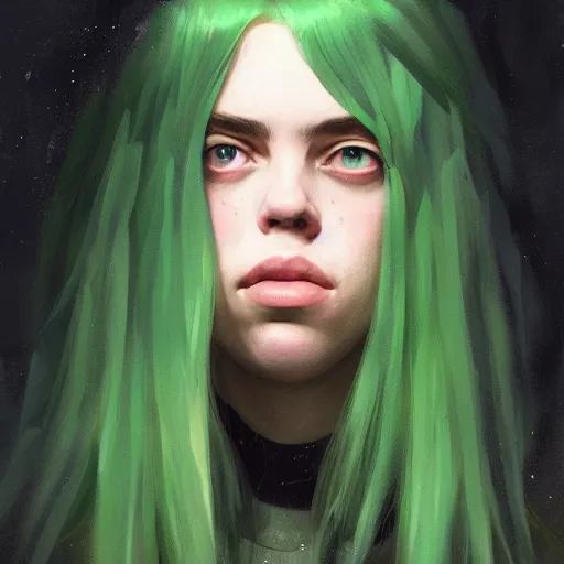 Image similar to portrait of billie eilish, green hair, future, by greg rutkowski, colorful, trending on artstation,