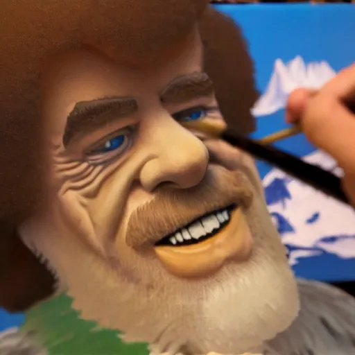 Image similar to a closeup photorealistic photograph of bob ross working on a canvas painting of the cookie monster. film still. brightly lit scene. mountains and trees. this 4 k hd image is trending on artstation, featured on behance, well - rendered, extra crisp, features intricate detail, epic composition and the style of unreal engine.