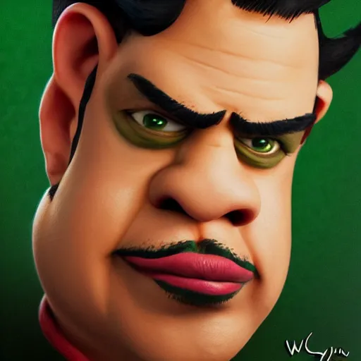 Image similar to caricature, claymation, luis guzman as luigi wearing green, painted by tom lovell, wlop, artgerm, dishonored 2,