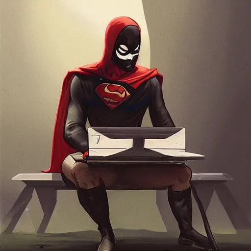 Prompt: a masked superhero wearing a costume sitting at the computer nervously clicking on the mouse in the style of peter mohrbacher