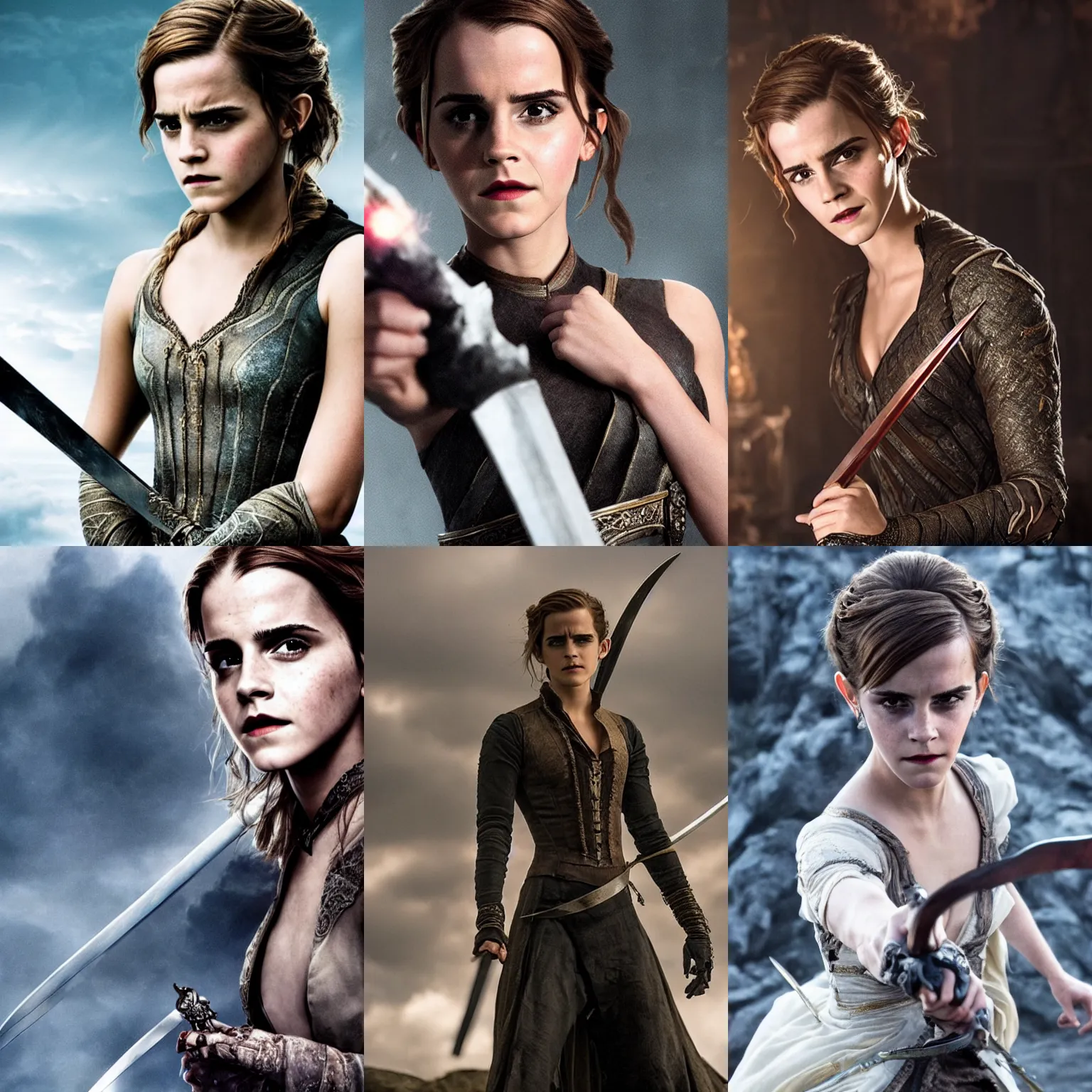 Prompt: promotional image of emma watson as the villain, carrying a sword, alluring, intriguing, threatening, detailed face, movie still frame, promotional image, imax 7 0 mm footage