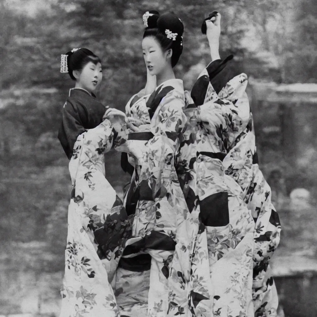 Prompt: Photo of geisha wearing kimono and playing basketball