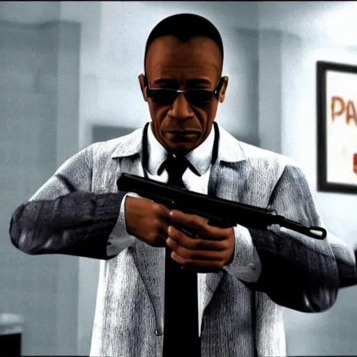 Image similar to film still of gus fring as max payne, iconic max payne 2 look, atmospheric still