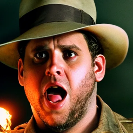 Image similar to Jonah Hill as indiana jones in raiders of the lost ark, 8k resolution, full HD, cinematic lighting, award winning, anatomically correct