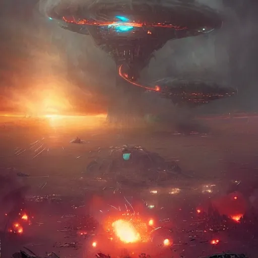 Prompt: an alien invasion the aliens have invaded earth and fighting with the humans blowing up cities by greg rutkowski