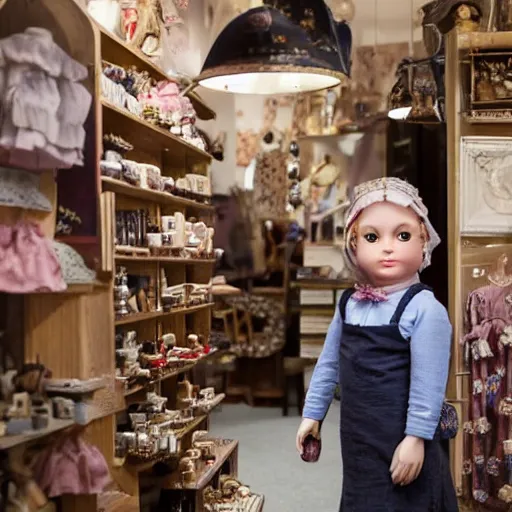 Image similar to victorian child standing in a doll maker's shop looking at all of the dolls, 8 k, soft lighting, highly detailed realistic, face in focus