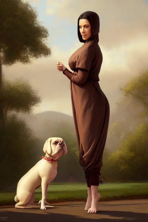 Image similar to Pete Davidson As A Midget Dog Being Walked By Kim Kardashian As An Old Lady illustration, soft lighting, soft details, painting oil on canvas by Edmund Blair Leighton and Charlie Bowater octane render, HDR, trending on artstation, 4k, 8k, HD