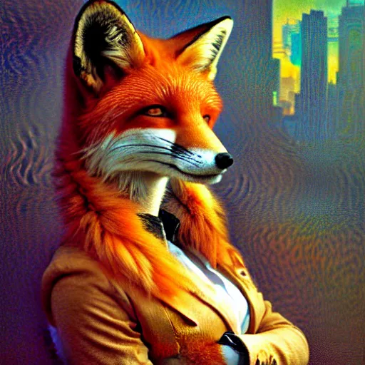 Prompt: portrait of a female fox in suit. shadowrun furaffiniy cyberpunk fantasy highly detailed painting by gaston bussiere craig mullins jc leyendecker gustav klimt artgerm greg rutkowski john berkey, bergey, craig mullins, ruan jia, raymond swanland, jeremy mann, tom lovell, alex malveda