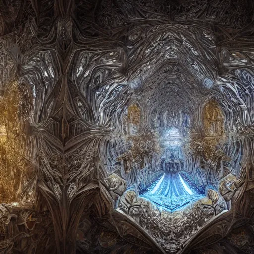 Image similar to a hyperrealistic 3 d painting of a huge sprawling fractal cathedral interior populated by mandelbrot fractals by android jones, unreal engine, carved stone, carved soap, white color scheme, volumetric lighting, octane render, dramatic lighting, glowing, carved marble, opalescent, sacred geometry, religious, angelic, catholicpunk, stark, 8 k, ultra detailed