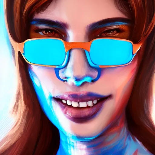 Image similar to closeup painting of a very beautiful young mexican cyberpunk woman smiling, wearing light blue shades and a leather jacket, one side haircut, long brown hair with light blue ends, portrait, hyperdetailed, artstation, cgsociety, 8 k