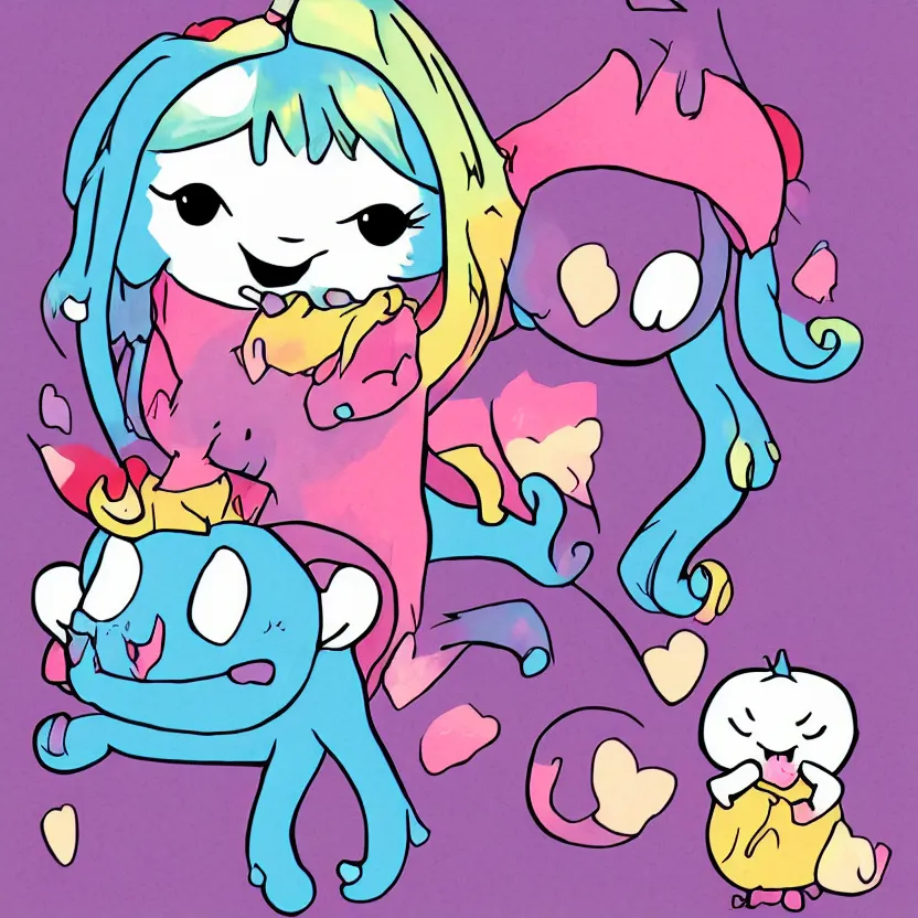 Prompt: Ippity the snuggle monster, anime chibi adorable monster, digital art with gradient shading