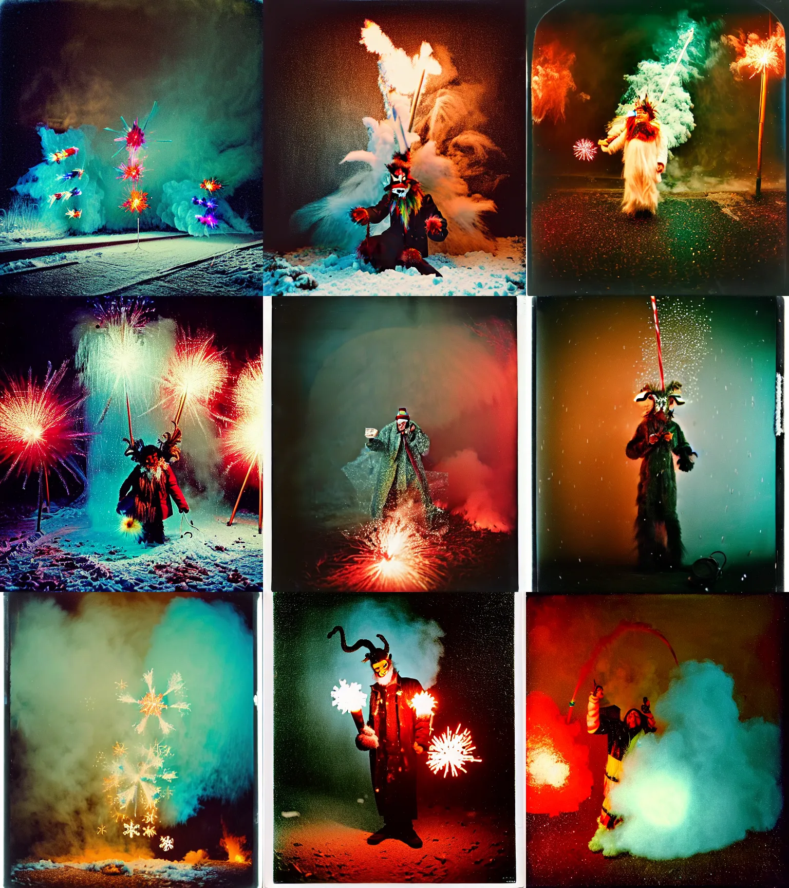 Image similar to kodak portra 4 0 0, wetplate, winter, snowflakes, rainbow coloured rockets, chaos, glitter tornados, award winning dynamic photo of a bunch of hazardous krampus between exploding fire barrels by robert capas, motion blur, in a small pantry at night with colourful pyro fireworks and torches, teal lights