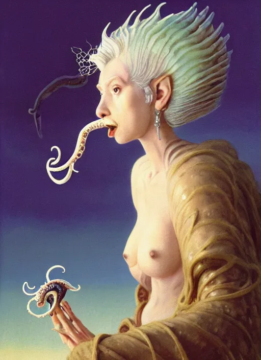 Image similar to cinematic portrait photo of the half ammonite dark crystal skeksis white haired retro woman with wet hair dressed in mother of pearl armor, biting into a juicy squid snack!!!!!!, ryden, kawase hasui, dorothea tanning, edward hopper and james gilleard, aivazovsky, beksinski, outram, artstation