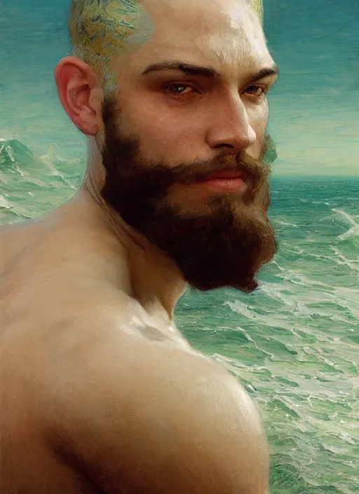 Prompt: detailed cinematic wide shot of muscular attractive young mulatto man beard slim face symmetrical face tanskin green eyes white hair wearing sea clothes, ultra realistic, spring light, painting by gaston bussiere, craig mullins, j. c. leyendecker