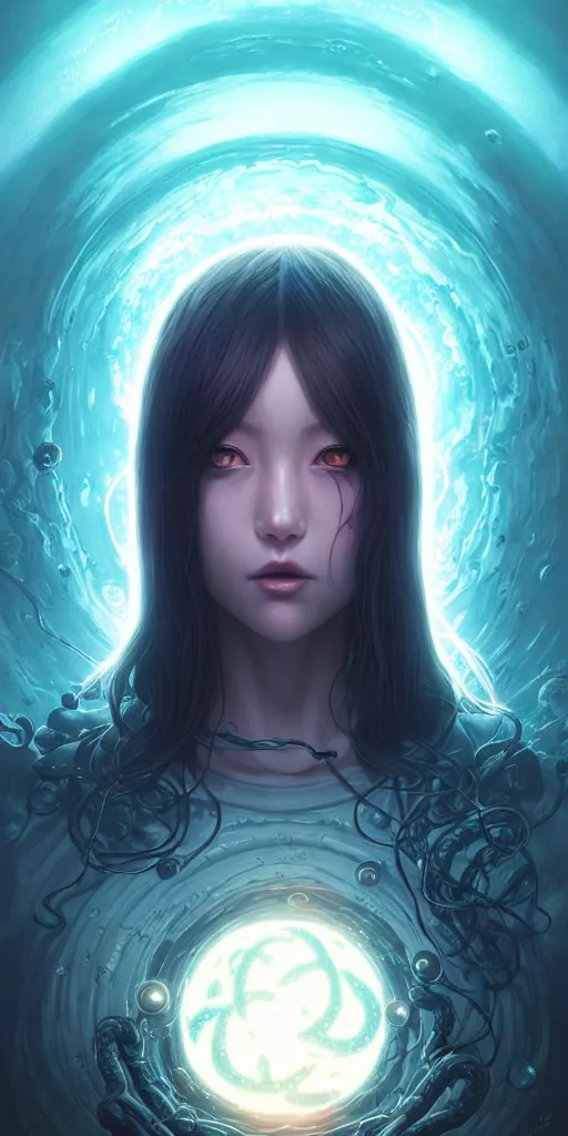 Image similar to azathoth girl save the earth, occlusion shadow, specular reflection, rim light, unreal engine, artgerm, artstation, art by hiroaki samura and ilya kuvshinov and ossdraws, intricate, highly detailed 8 k, cosmic horror illustration, extremely beautiful and aesthetic shape of face and body, movie poster