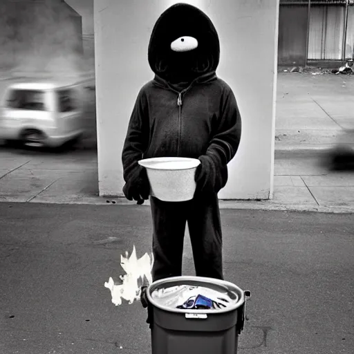 Prompt: wide-angle photo of homeless Elmo with a trash can fire, on Skid Row, photo by Annie Leibovitz