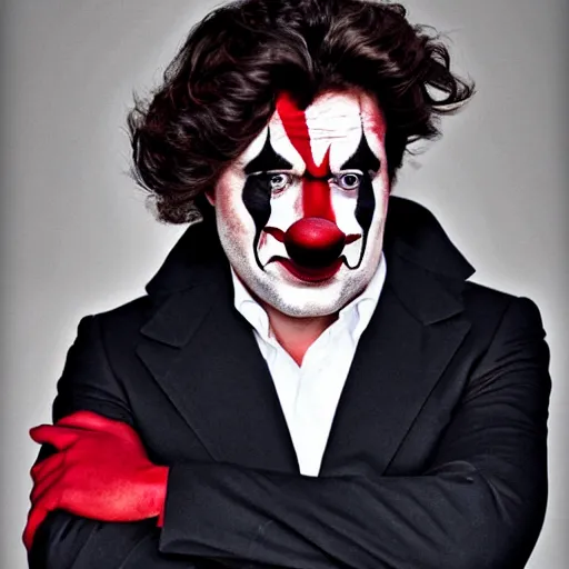 Image similar to UHD candid photo of Justin Trudeau dressed as a henchman, wearing accurate clown makeup, accurate face, UHD, photorealistic, correct face, photo by Annie Leibowitz