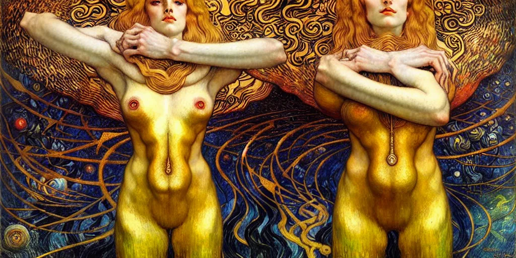 Image similar to Divine Chaos Engine by Karol Bak, Jean Delville, William Blake, Gustav Klimt, and Vincent Van Gogh, symbolist, visionary