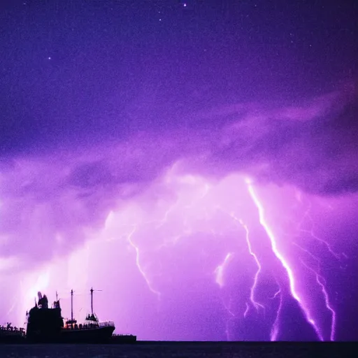 Image similar to purple color lighting storm with stormy sea, pirate ship firing its cannons real life trippy nebula sky 50mm shot