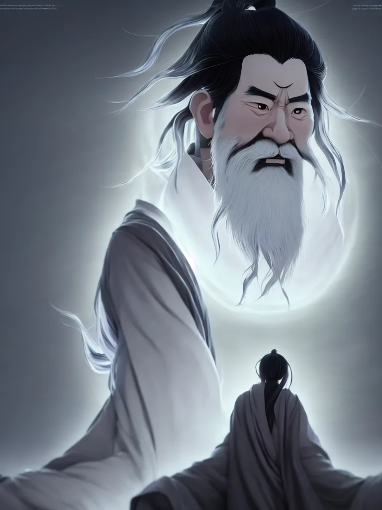 Image similar to the half body portrait of fuxi god in chinese mythology, long white hair, long white beard, atmospheric lighting, perfect shadow, portrait symmetry, wu geng period animation style, frontal lens, wearing a grey robe, in style of makoto shinkai, raphael lacoste, akihito tsukushi, peter mohrbacher, unreal engine, 4 k hd