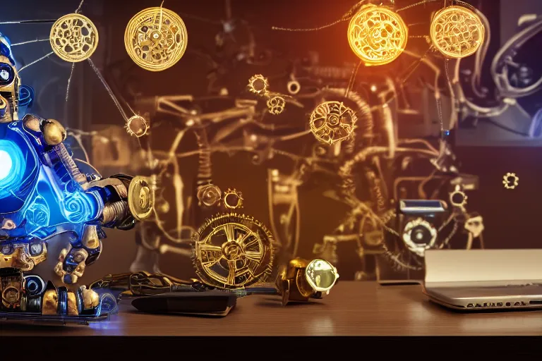 Image similar to photo of a golden and blue metal steampunk office robot with gears and tubes sitting in a modern office, on the table is a suitcase with money, eyes are glowing red lightbulbs, shiny crisp finish, 3 d render, 8 k, insaneley detailed, fluorescent colors, background is multicolored lasershow