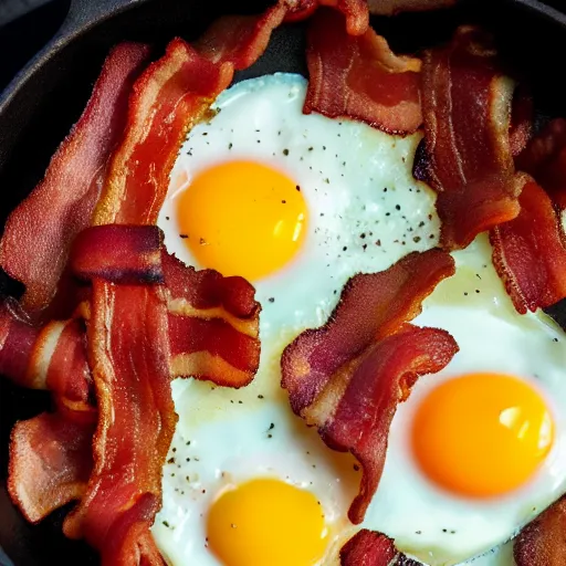 Prompt: bacon and eggs in pan, closeup, close angle, dramatic lighting
