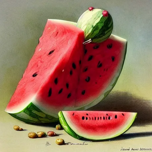 Image similar to ( ( ( ( ( watermelon with vanilla ice cream. muted colors. ) ) ) ) ) by jean - baptiste monge!!!!!!!!!!!!!!!!!!!!!!!!!!!
